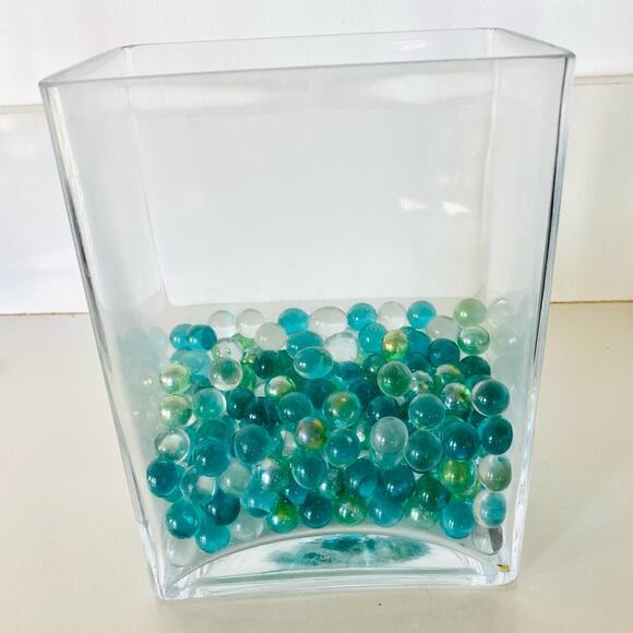 VINTAGE Square Rectangle Aquarium Glass Vase Green Round Pebble Marbles Decor - Picture 1 of 8